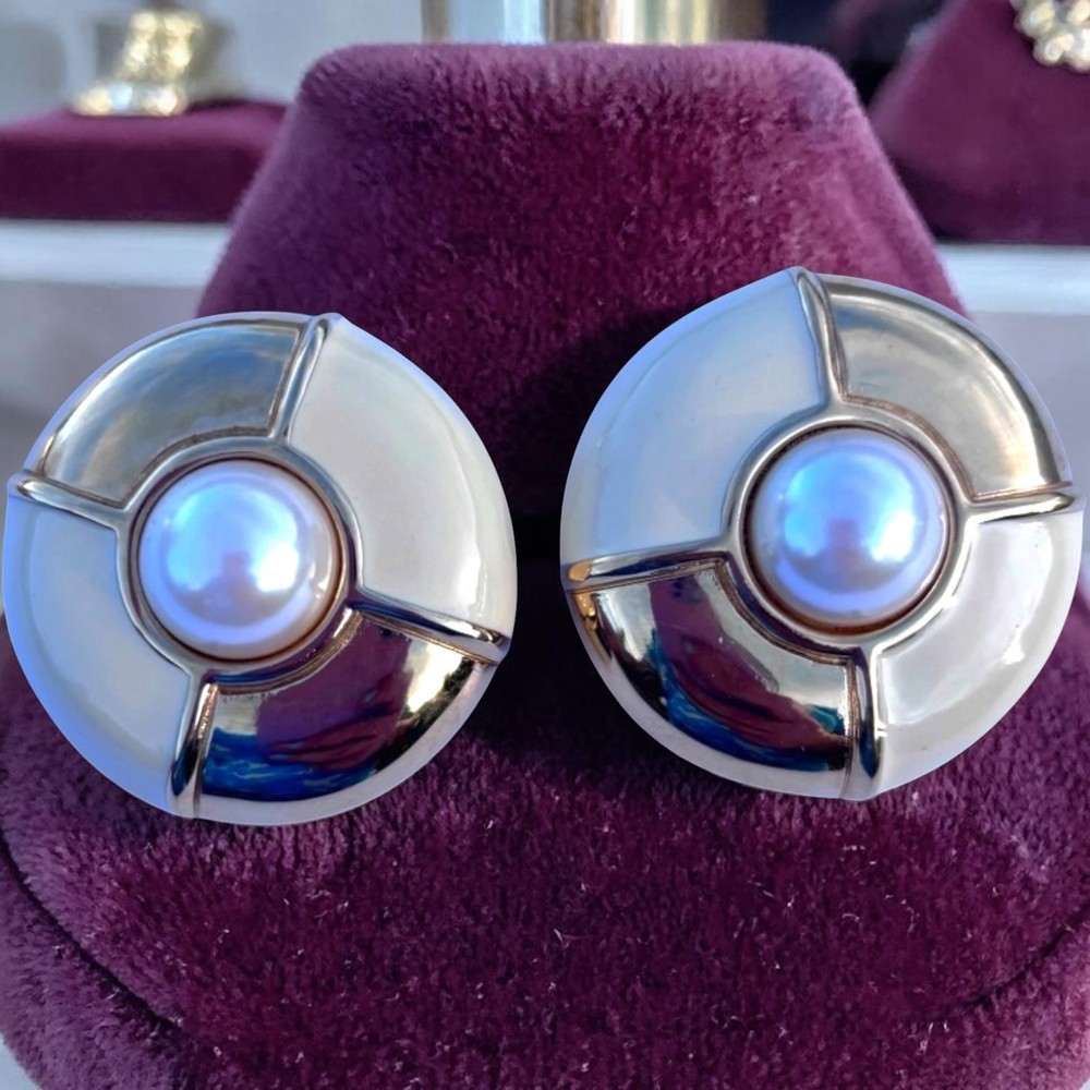 GIVENCHY Signed Vintage Gold‑Tone Enamel Clip‑On Earrings Faux Pearl Statement