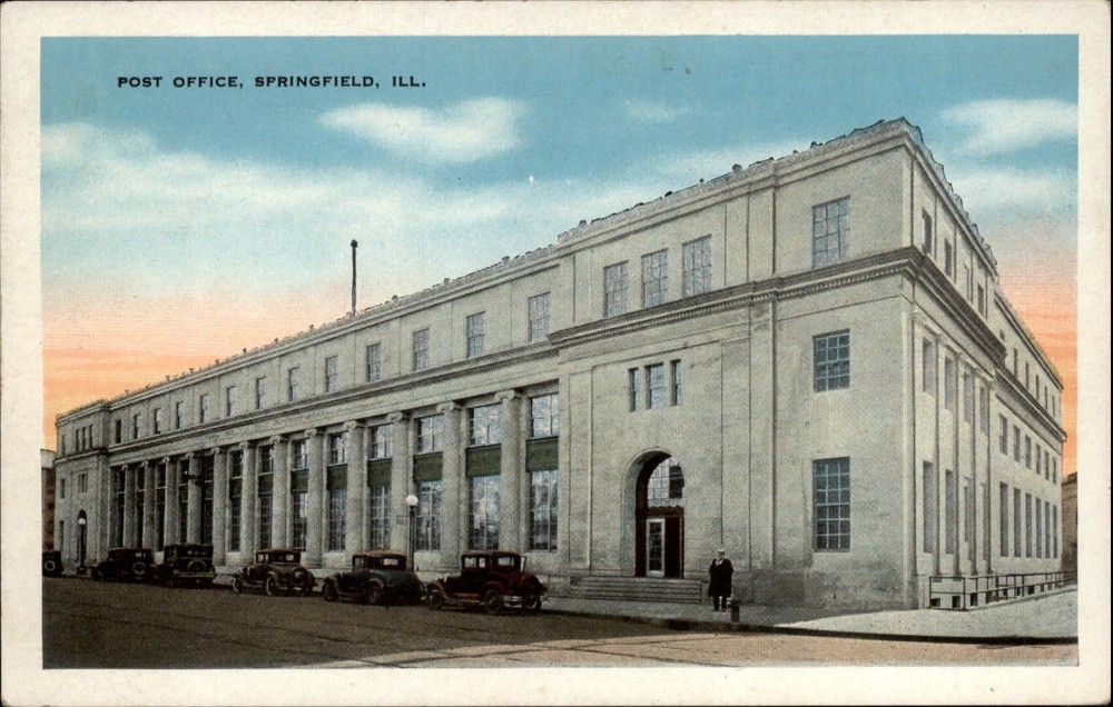 Post Office Springfield Illinois antique cars ~ 1920s vintage postcard