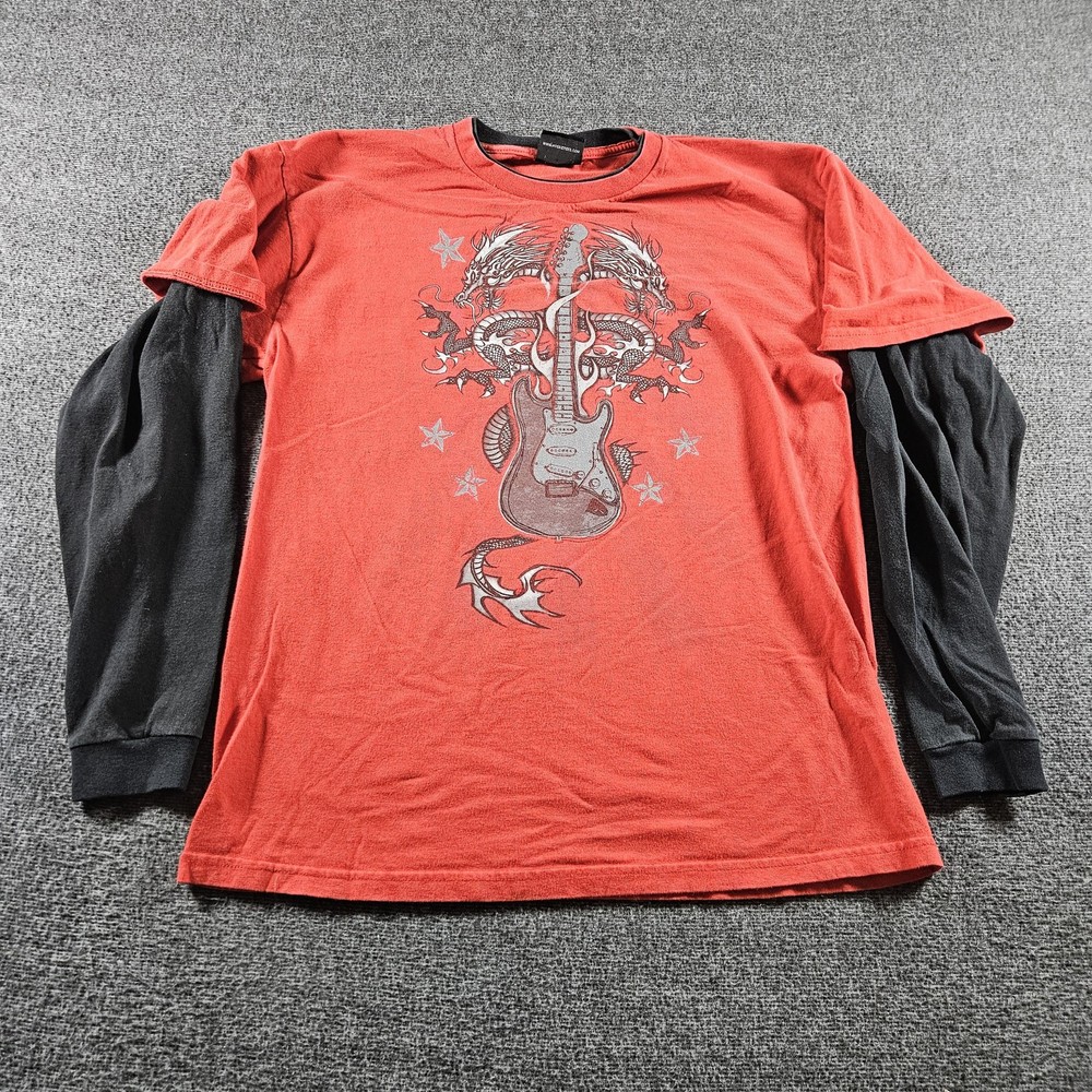 Hybrid Tees Shirt Mens S/M Red Dragon Guitar Graphic Rock Long Sleeve Tee