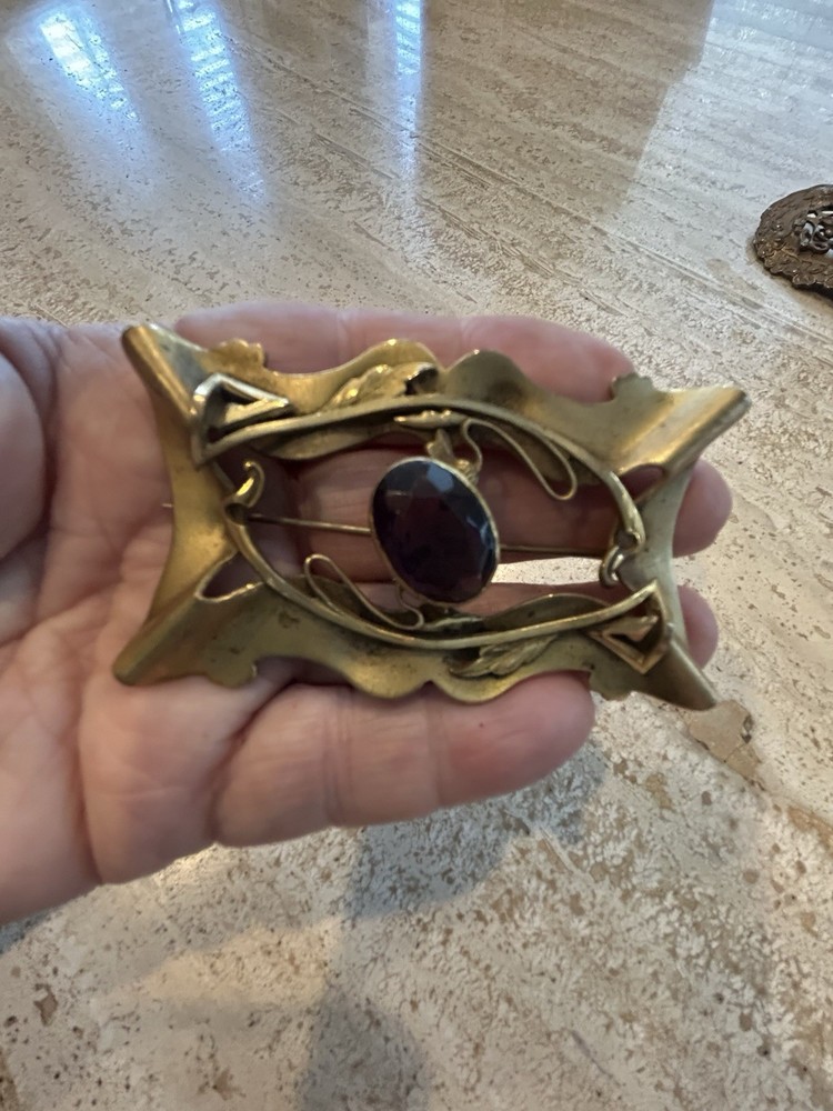 Antique Art Nouveau Sash Pin, C clasp, Purple Faceted Rhinestone