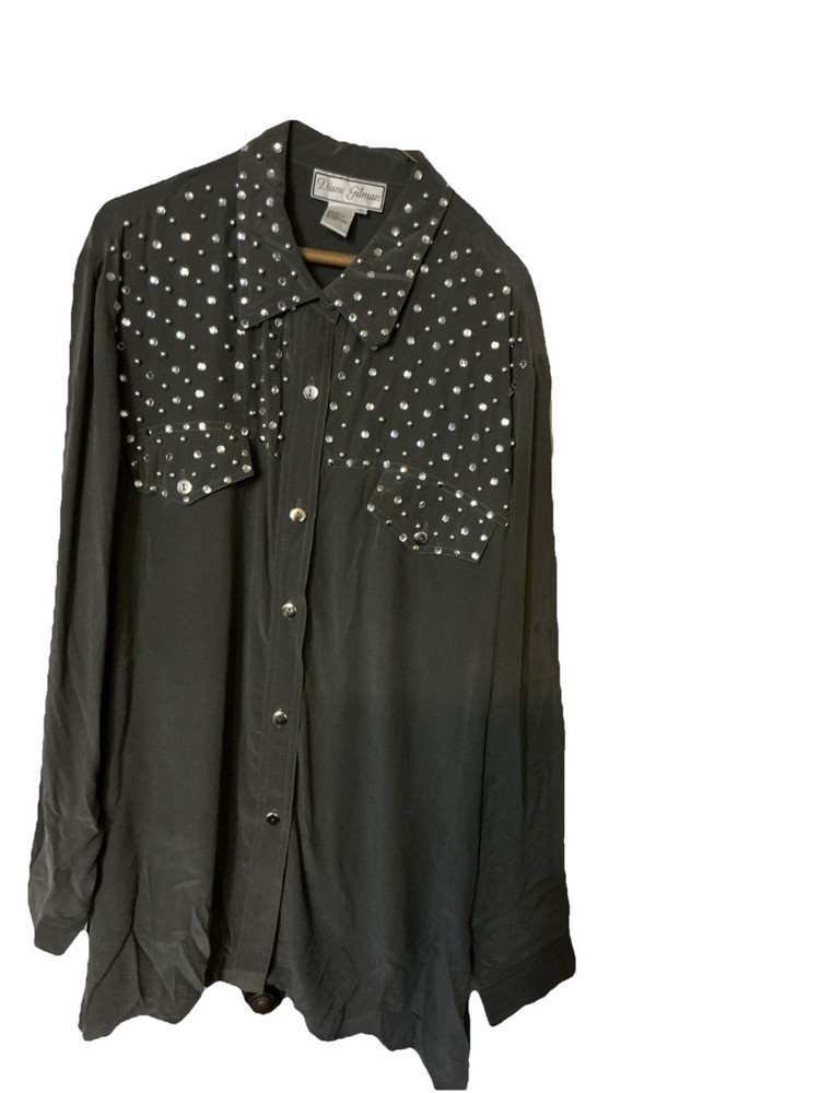Diane Gilman Women's Silk Size 3X Button Up Blouse W/sequins. Dark Gray.