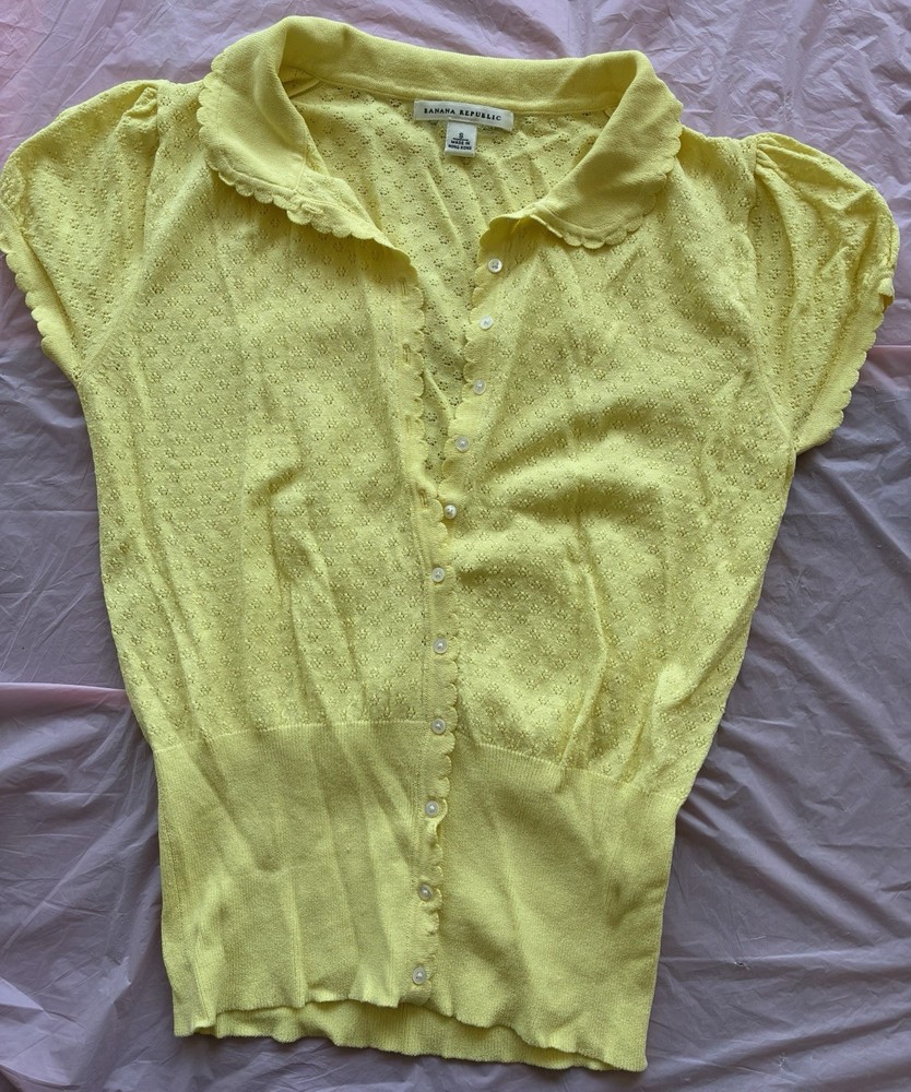 Banana Republic Women’s Yellow Knit Eyelet Puff Sleeve Button-Up Blouse New Sz S