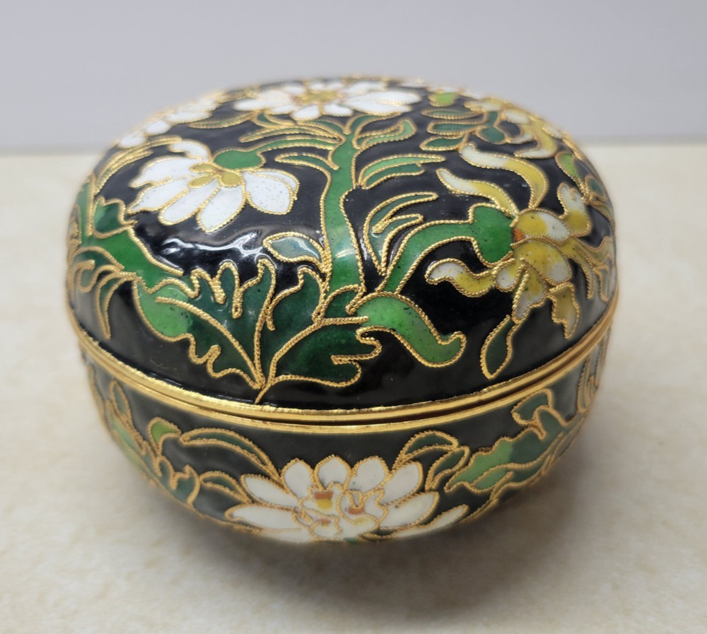 Vintage Cloisonne Gold Metal Enamel Trinket Jewelry Dresser Box Flowers NYCO