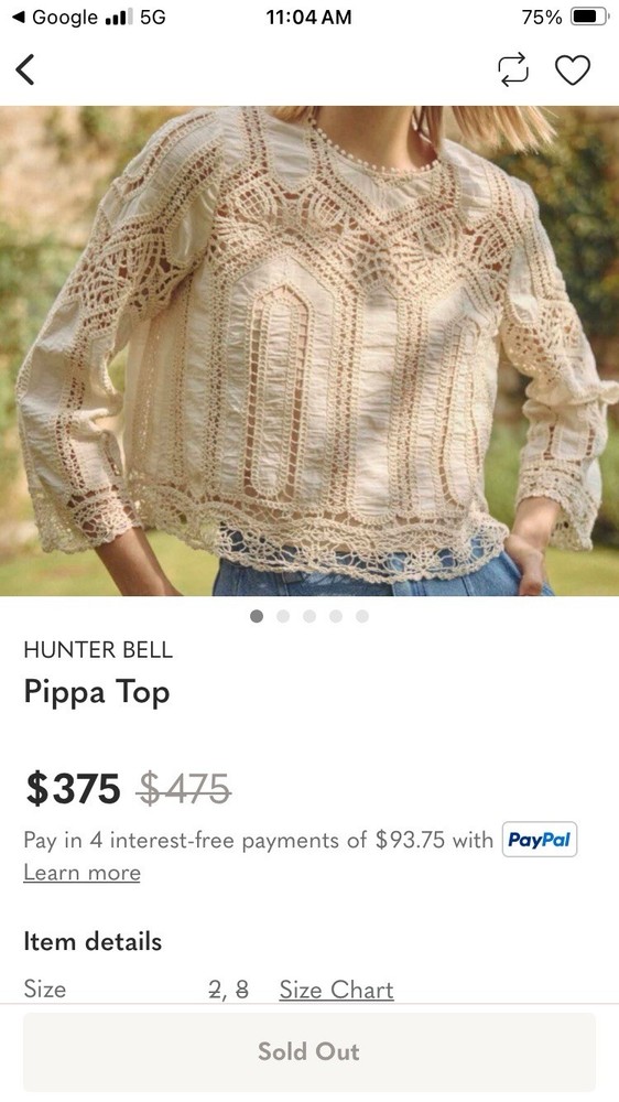 The Great. Pippa Top Blouse Lace Crochet Boho Artsy Folk Indie Romantic Sz 6 S/M