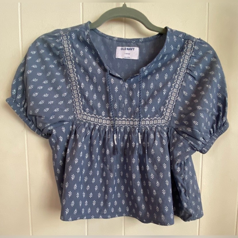 Old Navy Blouse Girls 10-12 Blue Floral Embroidered Peasant Boho Short Sleeve