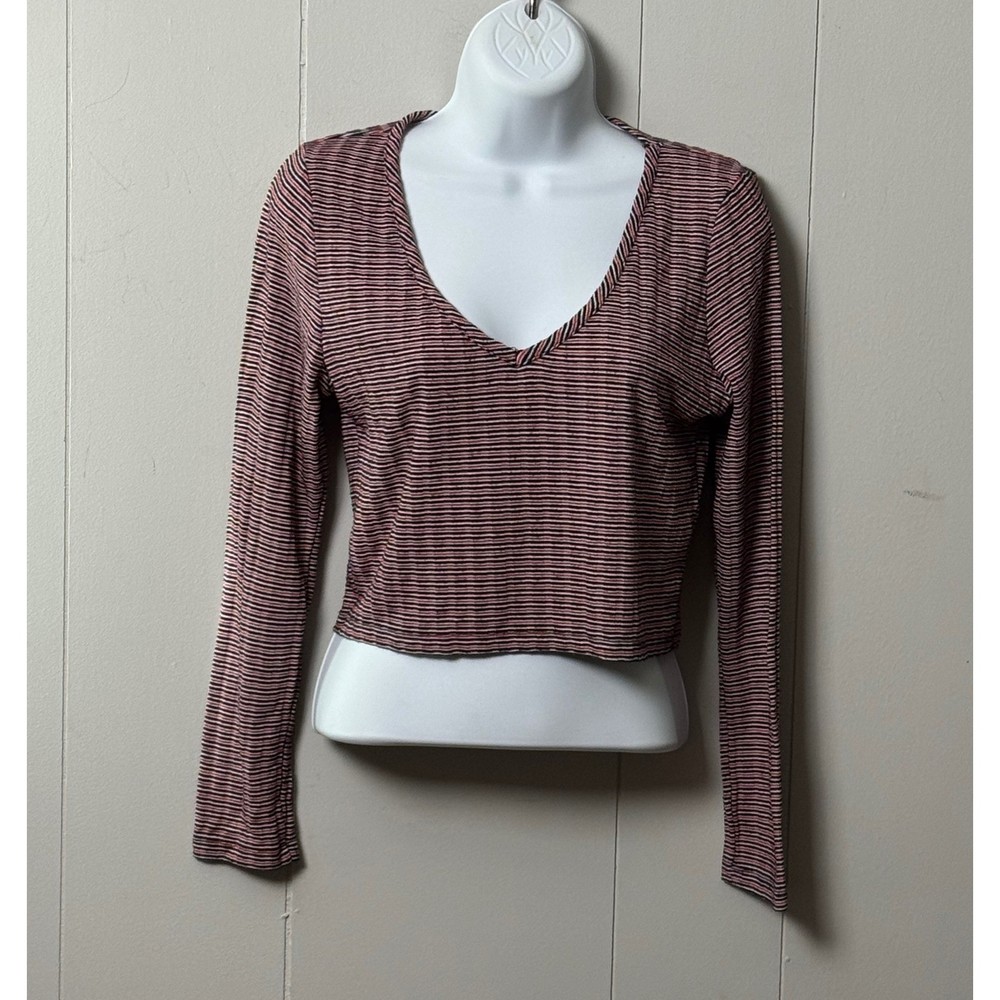 Cotton On Women's Striped Ribbed V-Neck Long Sleeve Crop Top Red Blue White Sz L