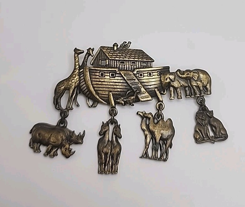 Vintage JJ Jonette Noah's Ark Brooch Pin w/ Animal Dangles Pewter 2.75