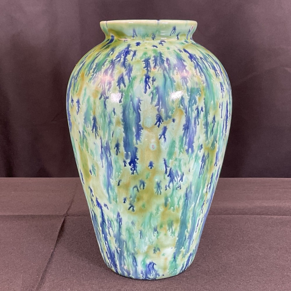 Mid Century Modern Style Green & Blue Drip Glaze Vase 9” Tall Artist Signed
