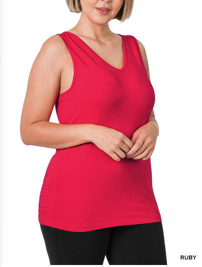 Zenana  3X Soft  Cotton Spandex Tank Top V Neck Racer Back Wide Strap  Ruby