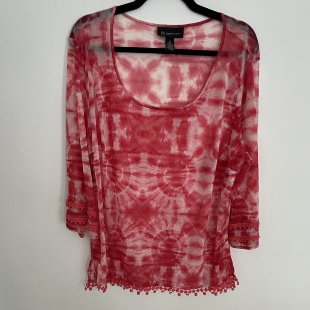 INC International Concepts Red Tie Dye Sheer Tunic Blouse 1X Pom Pom Trim