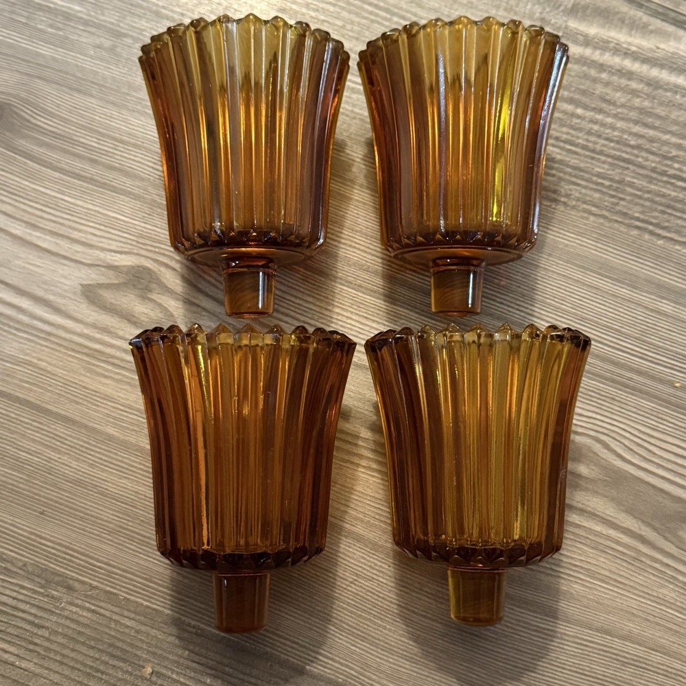 Vintage Home Interiors Set Of 4 Amber Ribbed Peg Votive Candle Holders