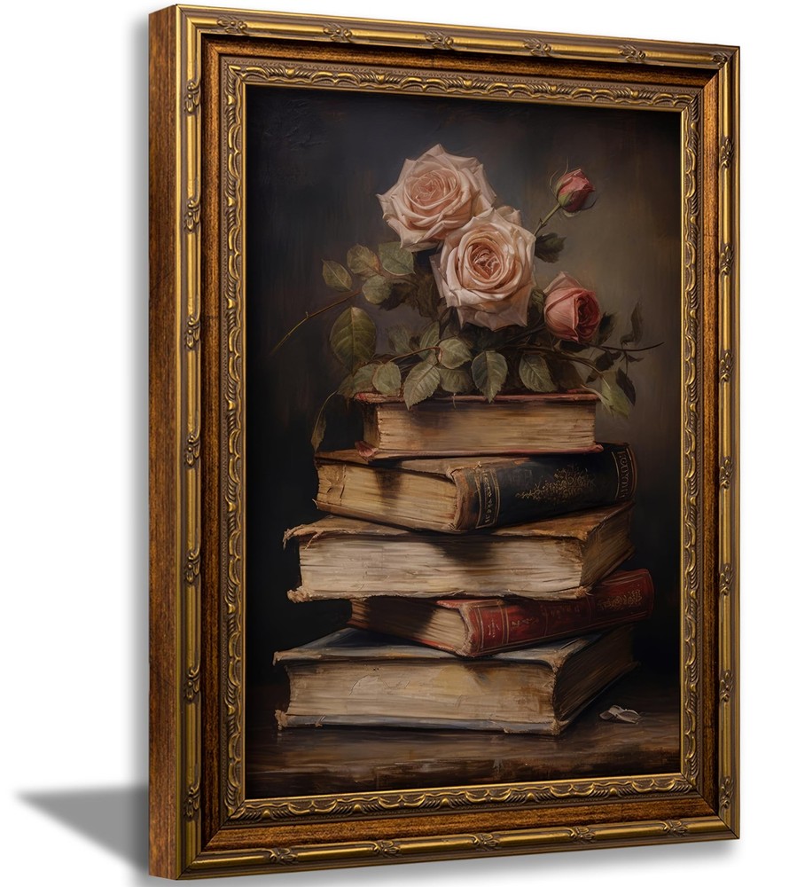 Vintage Gold Framed Retro Floral Books Wall Art Flowers Book Wall Decor Rose ...
