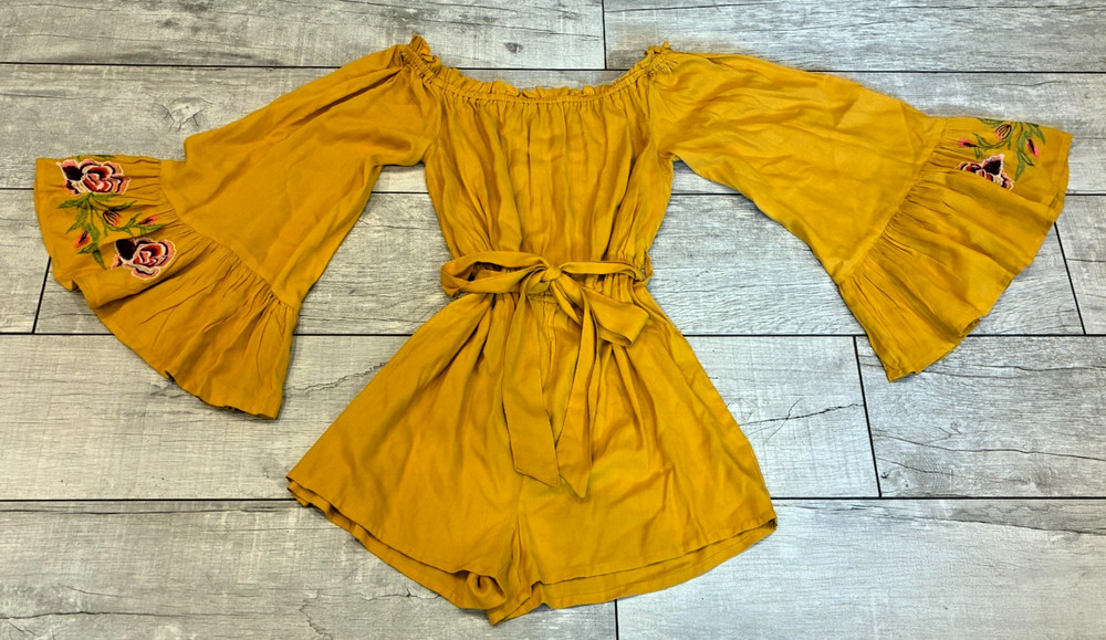 Embroidered Boho Off The Shoulder Bell Sleeve Shorts Romper Size S Gold Festival