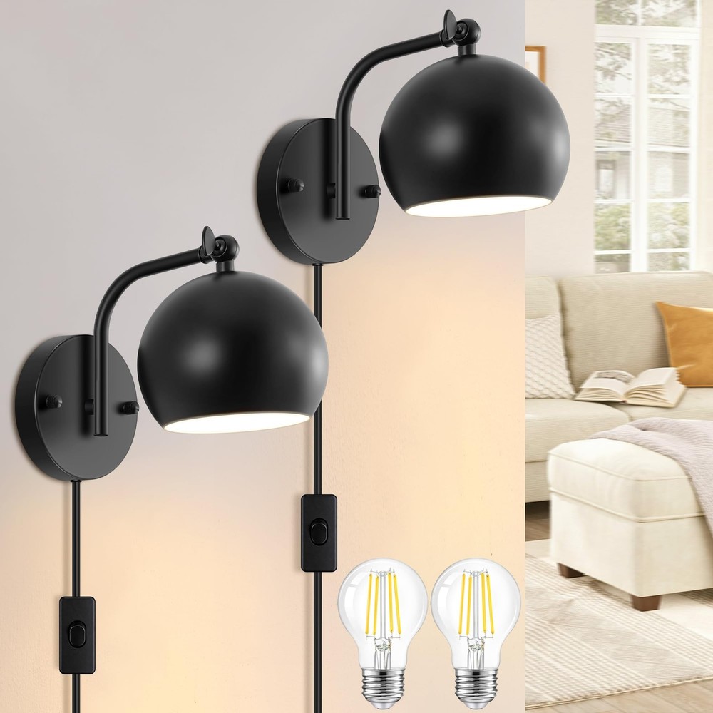 Plug in Wall Sconces, Adjustable Angle Black Wall Lights with Plug in Cord & ...