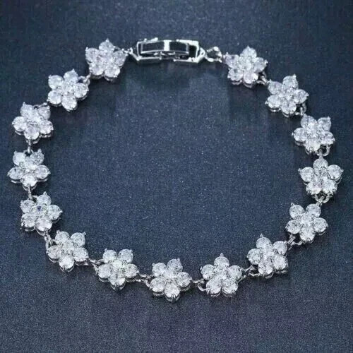 20.00Ctw Round Cut Real Moissanite Flower Tennis Bracelet 14K White Gold Plated