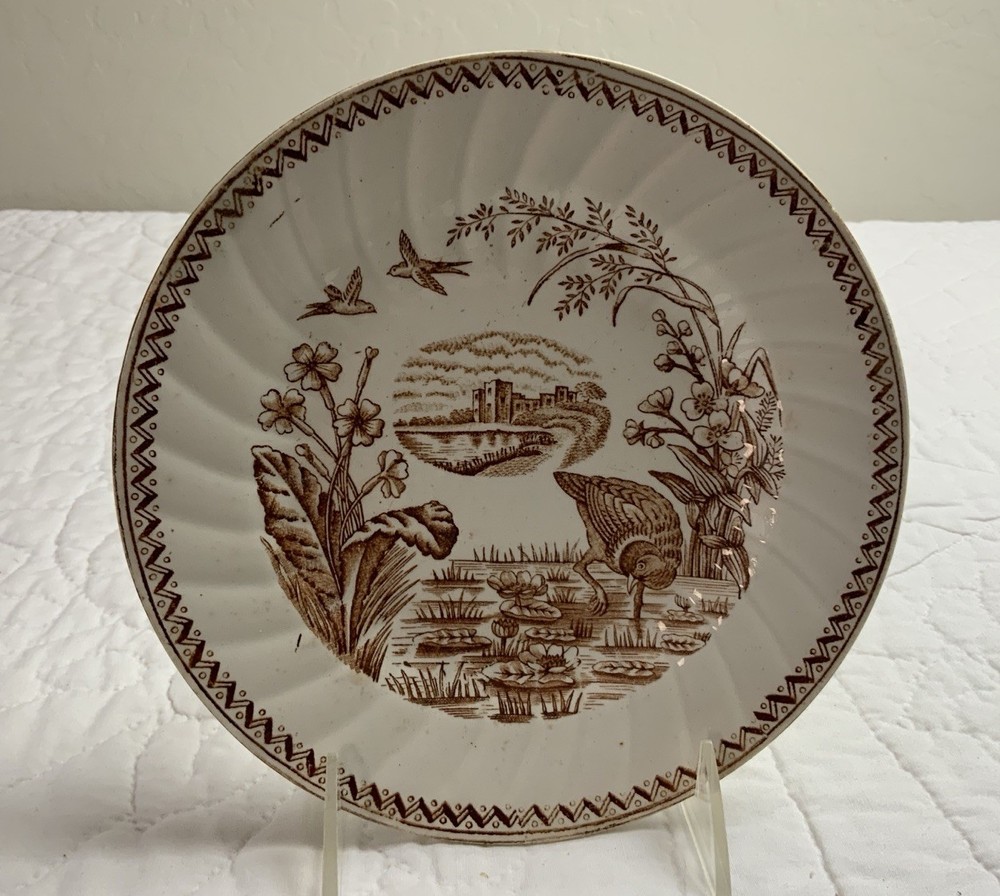 Antique Brown Transferware Plate, Bird, Flowers, Water Hen, Allerton & Sons, UK