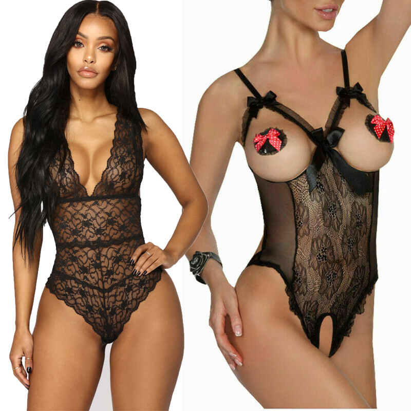 Womens Sexy One Piece Babydoll Pajamas Lingerie Lace Bodysuit Leotard Nightwear