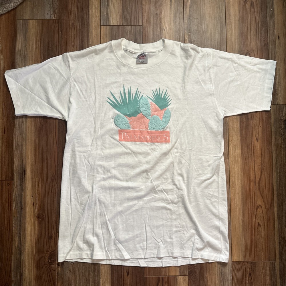 Vintage 1987 Palm Springs Cactus White Graphic T-shirt XL - Oneita Power T USA