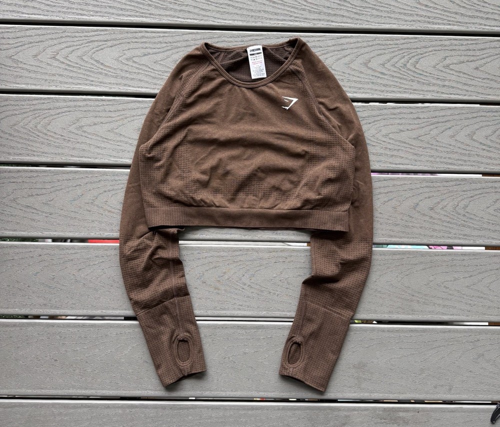 Gymshark Womens Long Sleeve Vital Seamless 2.0 Crop Top Brown Marl Size XXL