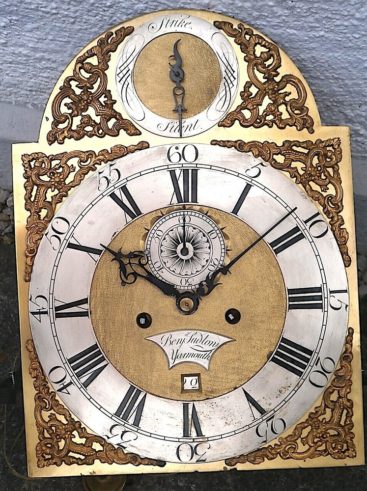 Benjamin Ludlow Yarmouth 8-day longcase clock dial & movement 12x16.25 inches circa 1750
