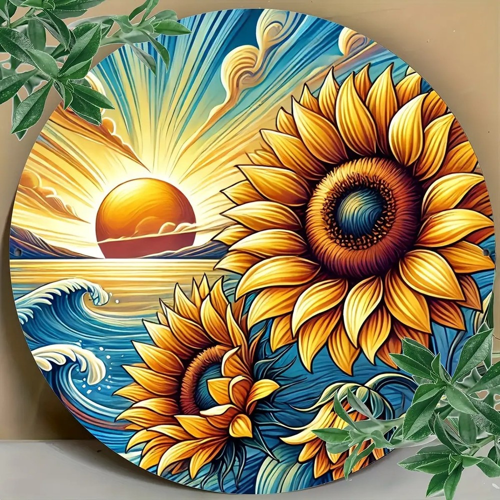 Vintage Sunflower Ocean Waves Round Metal Wall Decor