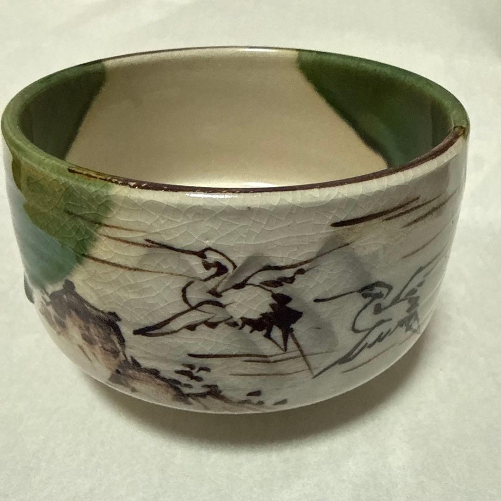Oribe ware Kato Tadashi Tea Bowl Crane Pair Mino Seto Ceramic Pottery