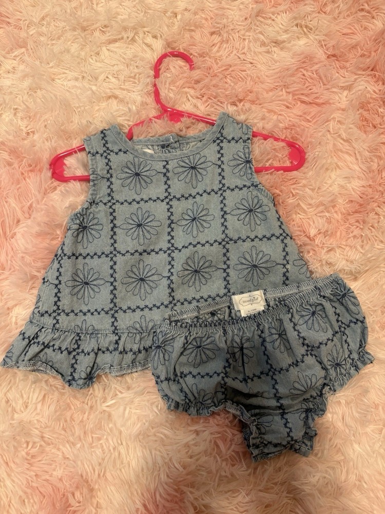 Mud Pie Girls Blue Floral Denim Sleeveless Dress & Bloomers Set Ruffle
