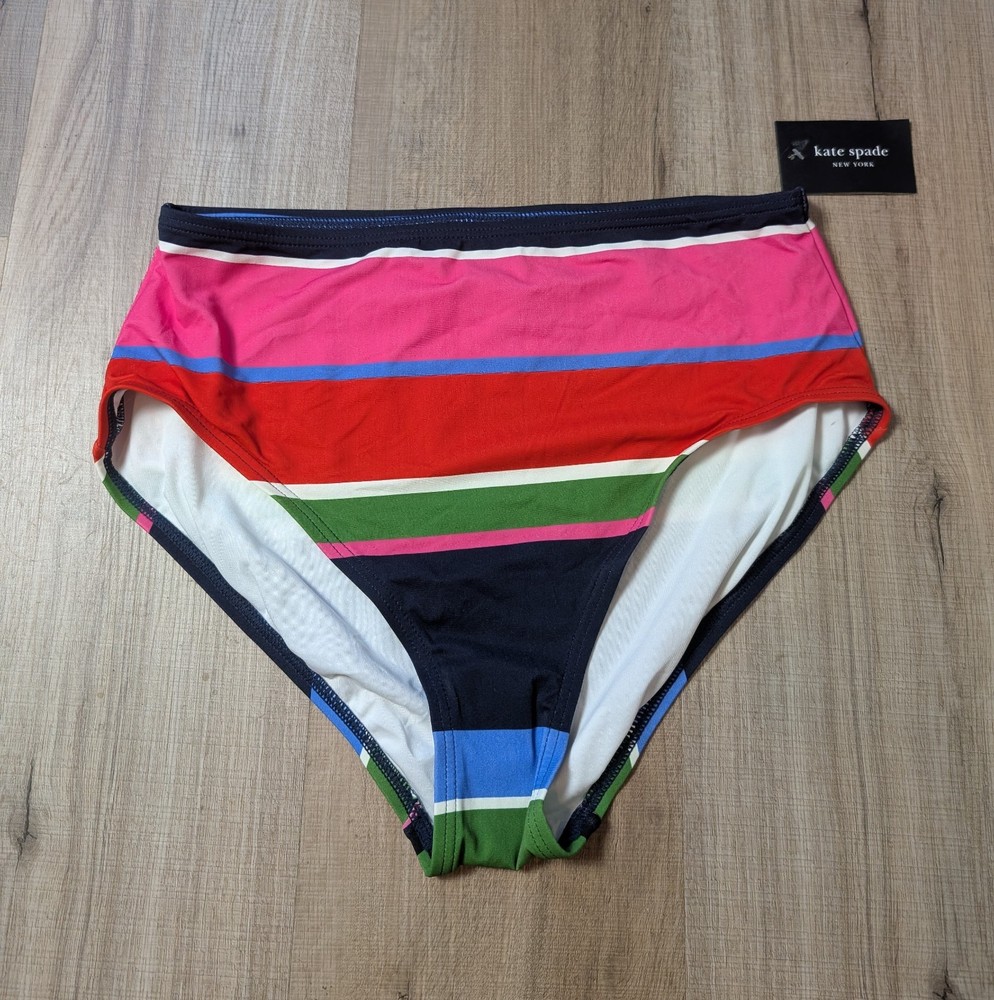NWT Kate Spade Size L  Bikini Bottom Sunny Day Stripe Swimwear High Waist $85