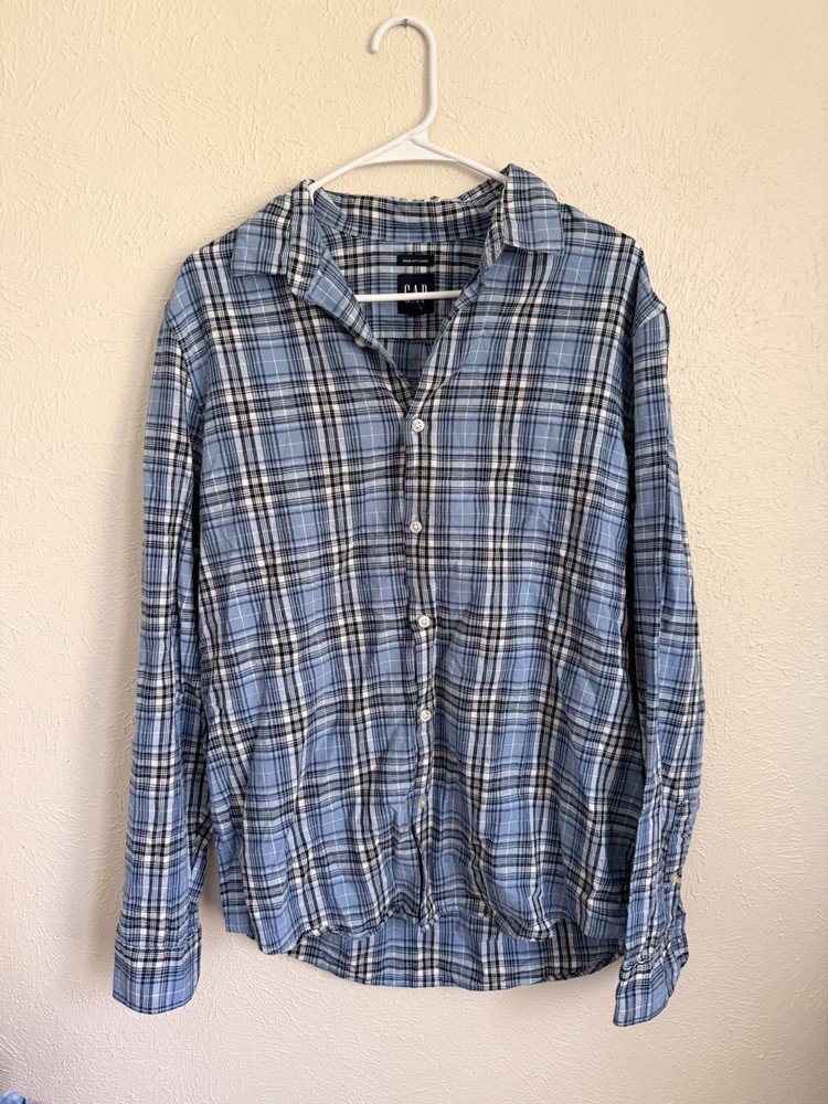 Gap Men’s Blue Plaid Linen Cotton Blend Button Down Shirt Size Medium