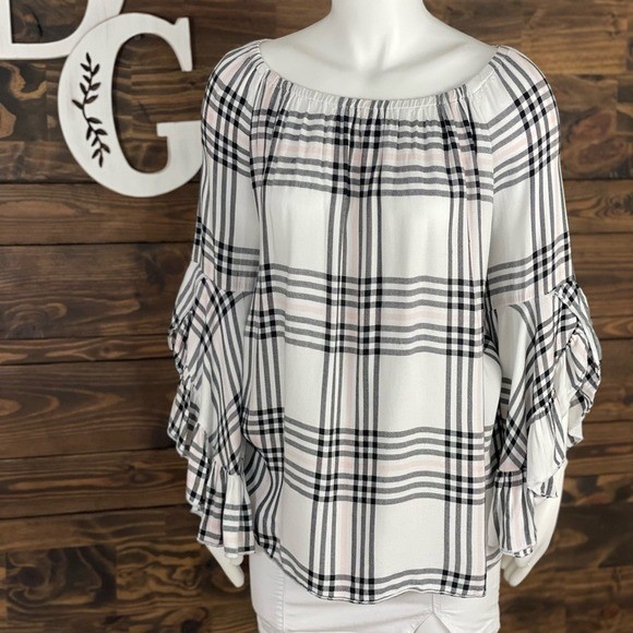 Fever | Off Shoulder Plaid Blouse Ruffle Bell Sleeve Ruffle Trim