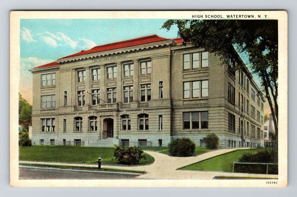 Watertown NY- New York, High School, Exterior, Vintage Postcard