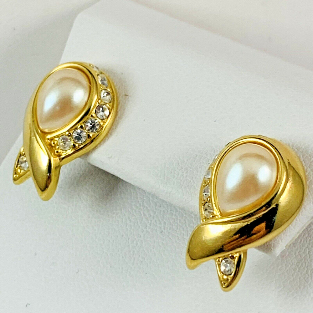 VTG Nolan Miller Simulated Pearl Rhinestone Ribbon Gold Tone Pierced Earrings