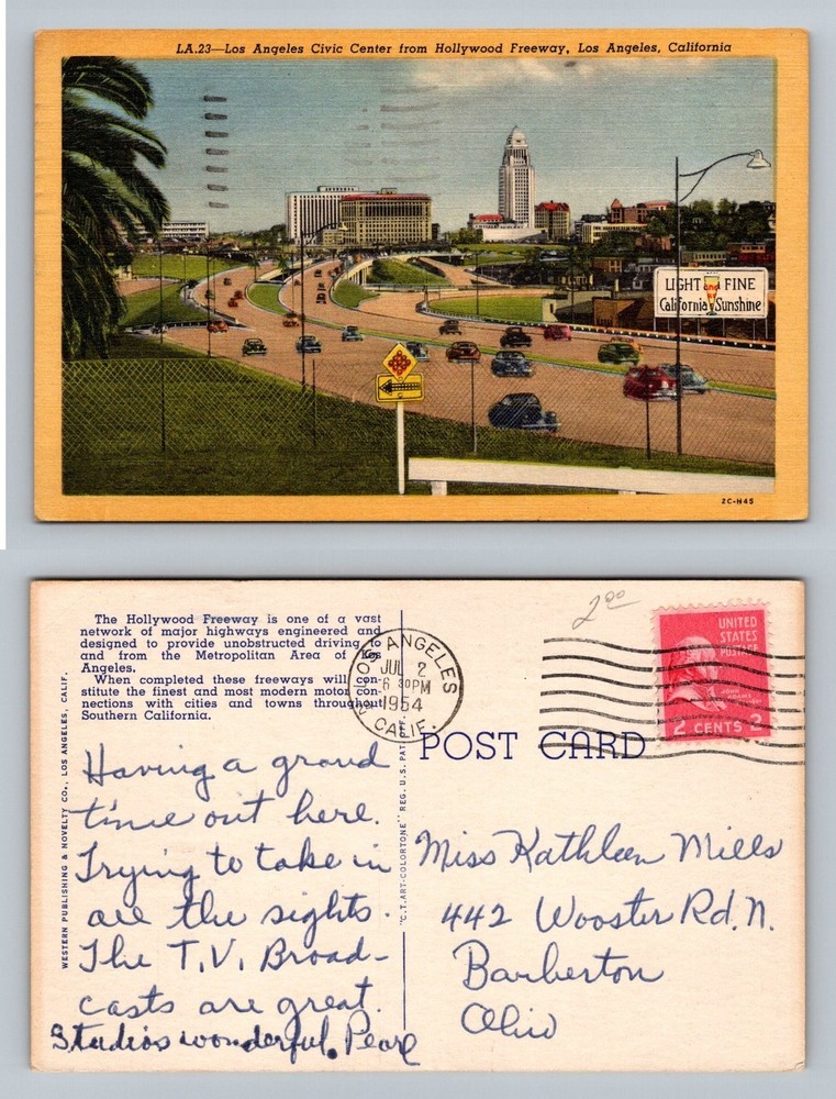 Los Angeles, CA-California, Civic Center Freeway PC c1954 Vintage Postcard