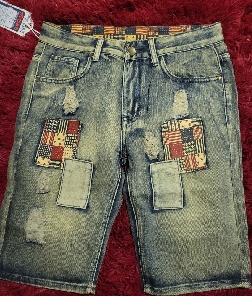 Distressed Patchwork Denim Bermuda Shorts Blue Men's Flat Front 5-Pocket