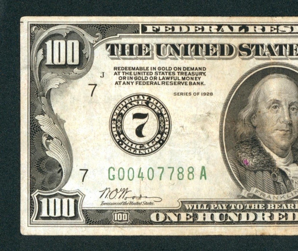 ** 6 DIGIT ** $100 1928 ((CHICAGO)) Federal Reserve Note ** CURRENCY (PINHOLES)
