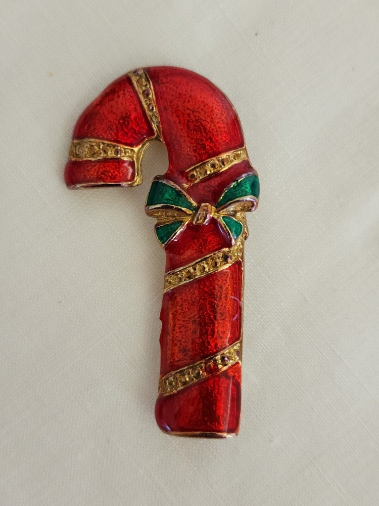 Vintage Christmas Candy Cane Enamel Red/Green/Gold tone Brooch/Pin