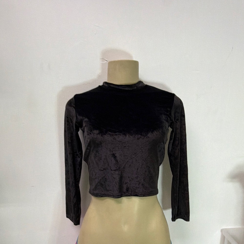 Cheryl Creations Black Velvet Nylon Lycra Cropped Top, Long Sleeve Mock Neck S