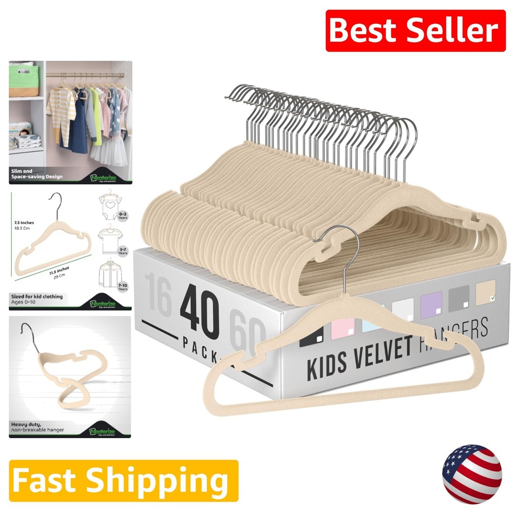 40-Pack Beige Velvet Baby Hangers with Non-Slip Notches for Secure Closet Organization