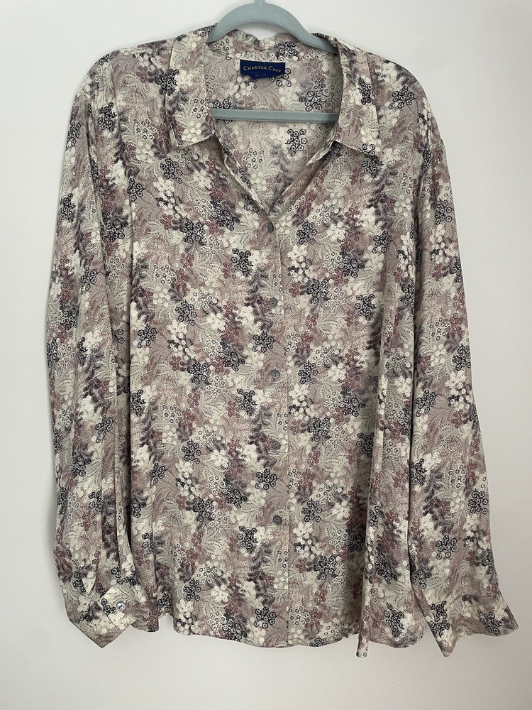 Charter Club Women's 24W Dark Botanical Silk Long Sleeve Button-Up Blouse