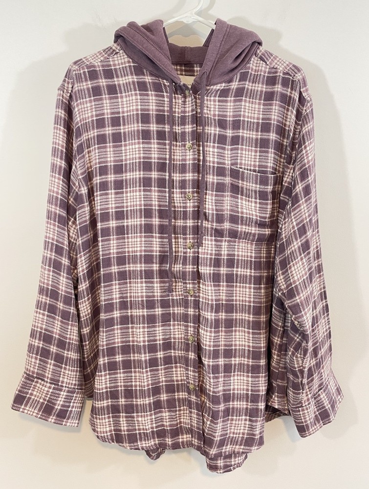 American Eagle flannel hoodie shacket Shirt womens sz XL plaid purple button up