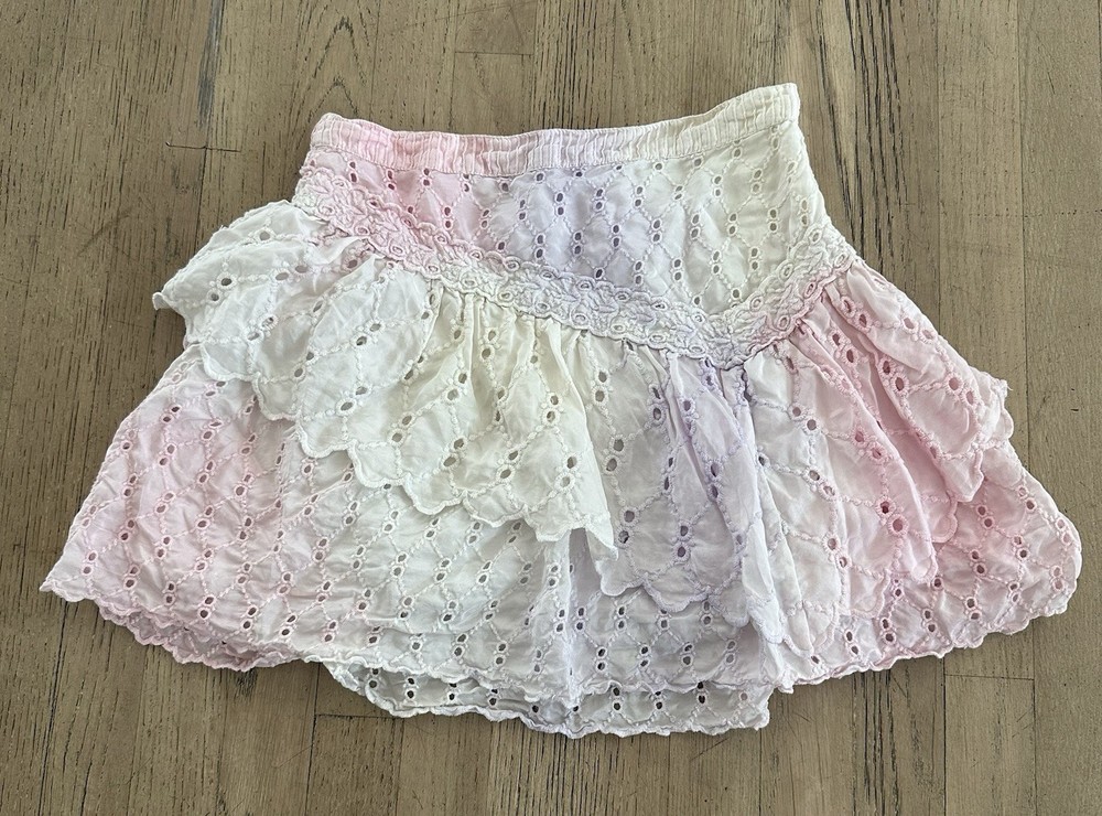 LoveShack Fancy Zip Waistband Tiered Ruffle Mini Skirt Eyelet Pink Purple Sz 00