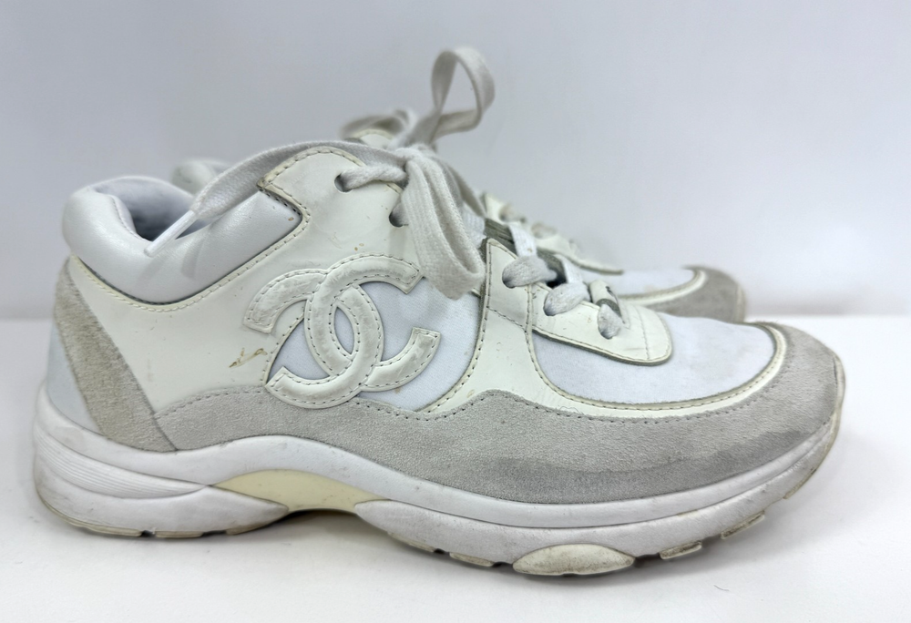 CHANEL Women's White Leather Suede Trainer Sneakers Interlocking CC Sz 36.5 - 6
