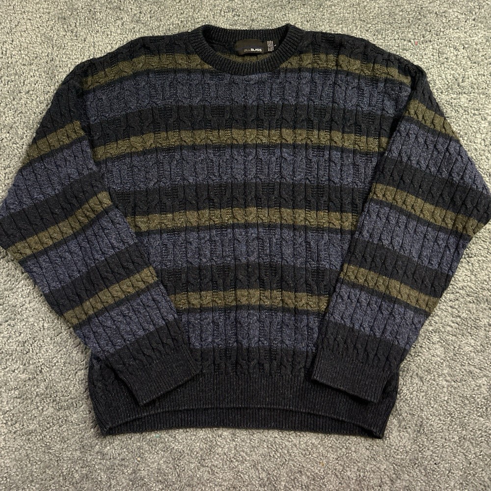 VTG Bill Blass Mens Size L Sweater Blue Green Striped Fisherman Knit Grandpa USA