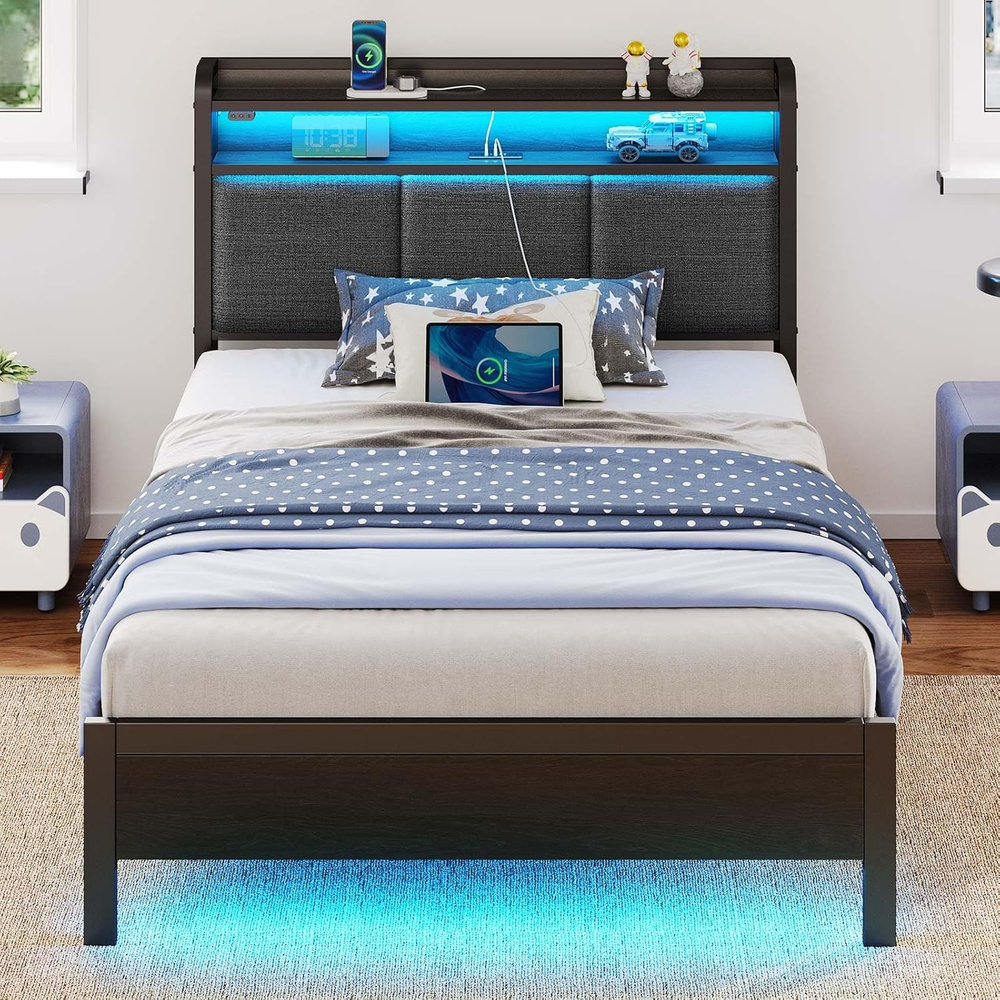 Bed Frame Twin Size with Charging Station and LED Lights, Upholstered Headboard