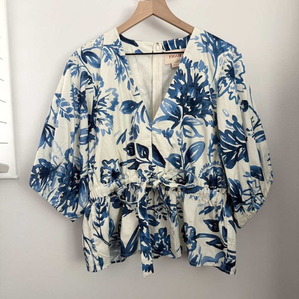 Figue Joyce 14 Floral Top V Neck Blue Floral Drawstring Puff Sleeve Spring