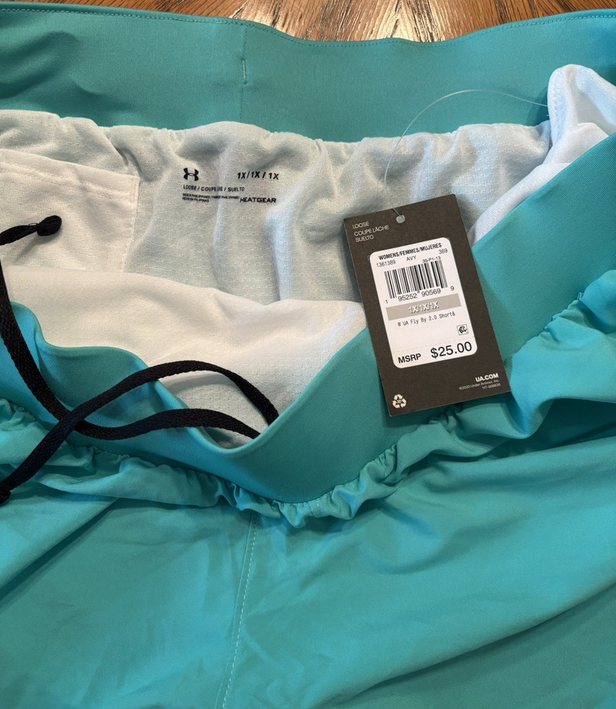Under Armour HeatGear Fly By 2.0 Women's Plus Athletic Shorts Aqua Black 1X