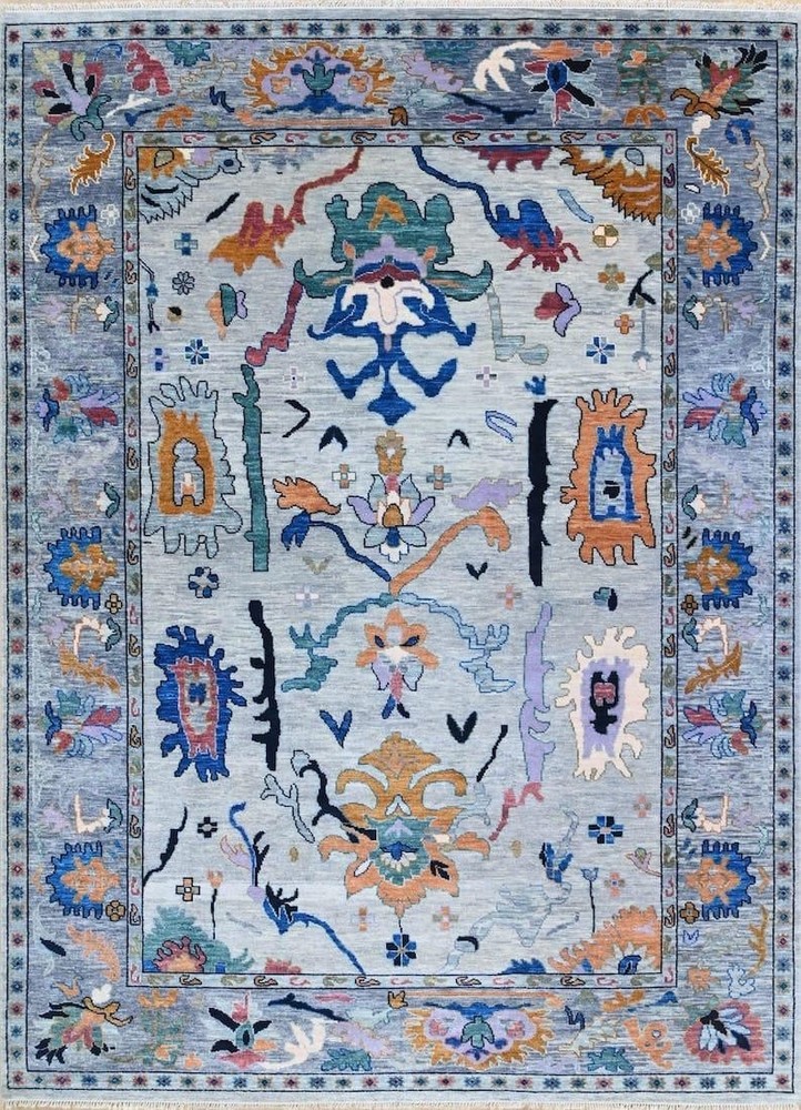Modern Turkish Oushak Rug Hand Knotted Pastel Blue Wool Area Rug Vintage Style