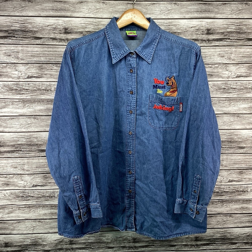 Vintage Scooby-Doo Shirt Womens 22W Blue Denim Embroidered Cartoon Network 90s