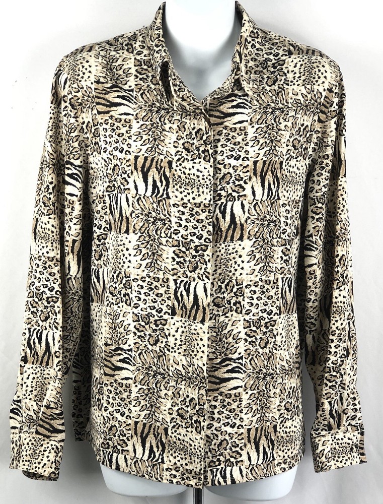 Vintage Silky Button Up Top 8P Leopard Cheetah Long Sleeve Collar Retro Career