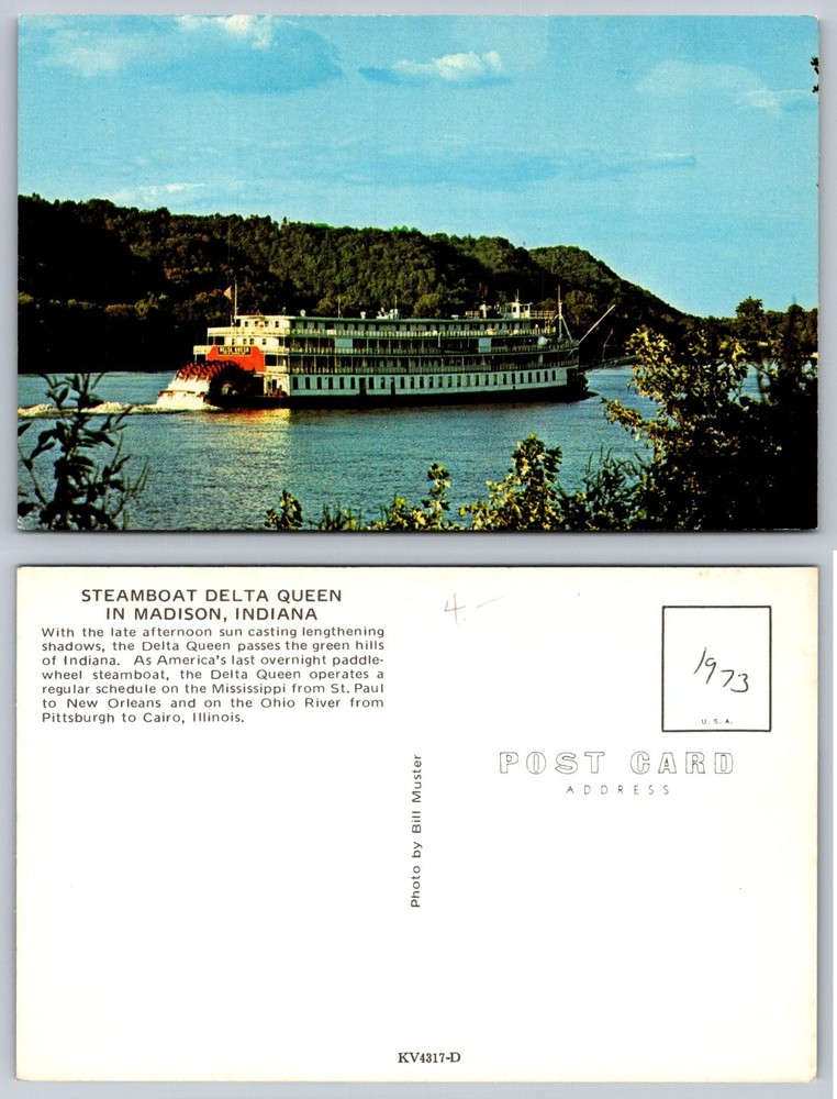 Delta Queen Steamboat Madison, Indiana Postcard c1973 Ohio River Paddlewheeler